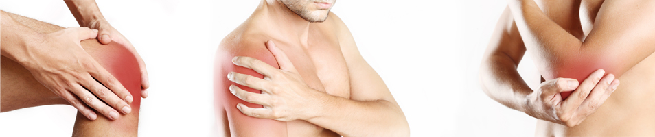 Collage Knie-, Schulter- und Ellenbogenschmerzen. 